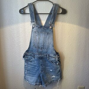 Buckle Distressed Blue Denim Short Overalls